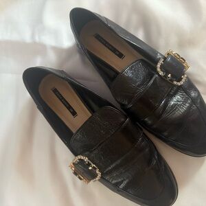 Zara Black Leather Loafers with Gold Accent